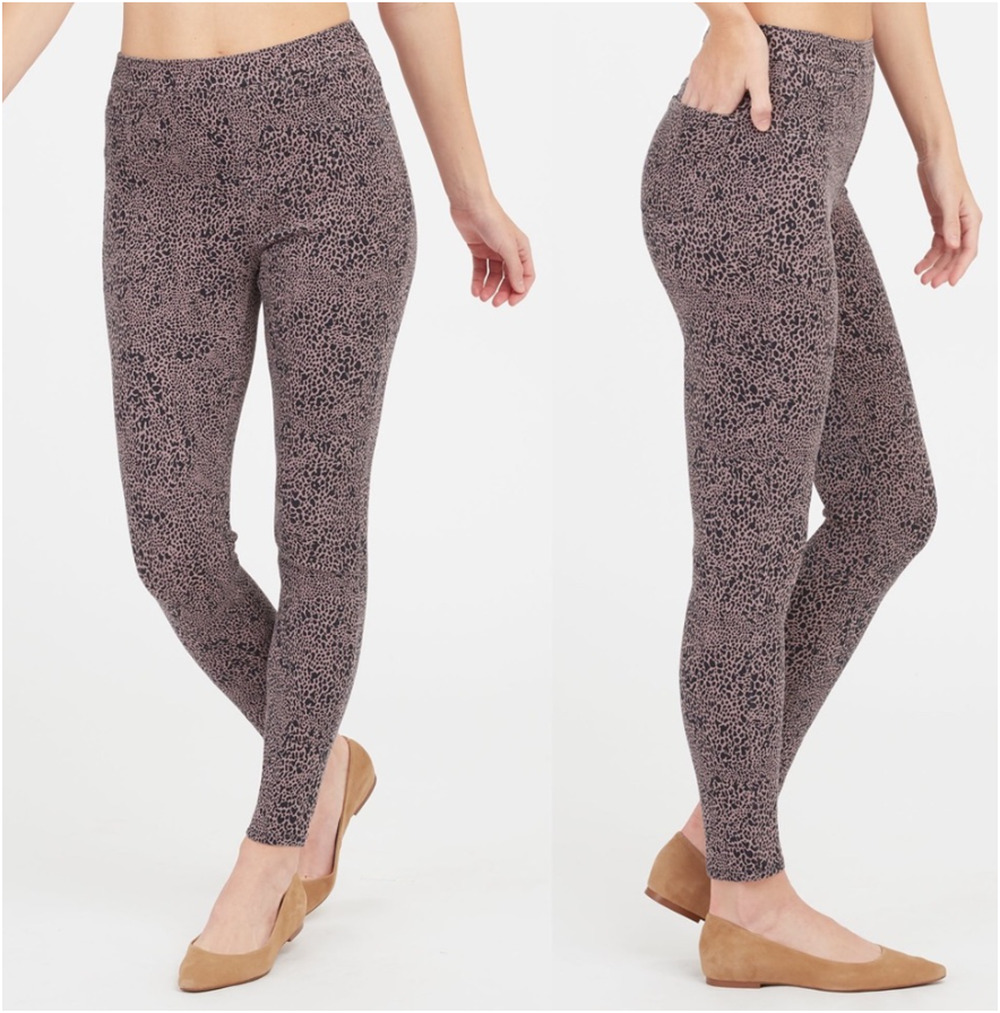 Spanx Jean Ish Leggings Womens L Brown Desert Dot Animal Print High Rise Slim